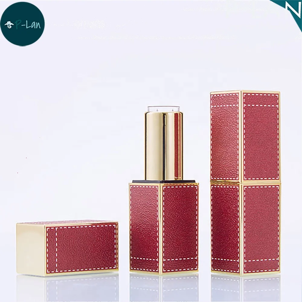 P-Lan Stock High Quality 3D Leather Printed D12.1MM Lipstick Tube Custom Logo Red Orange Green Empty Magnet Lipstick Container