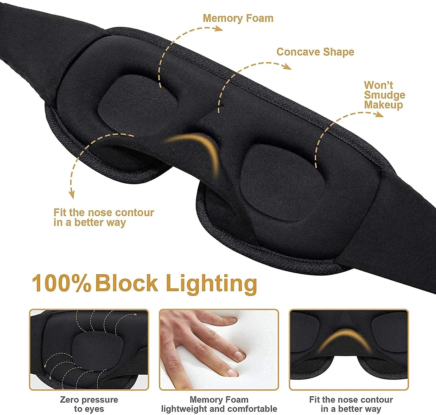100% Blackout Washable 3D Memory Foam Eye Mask Luxury Private Label Sleep eye Cover with Nose Pad Travel Blindfold and Earplugs