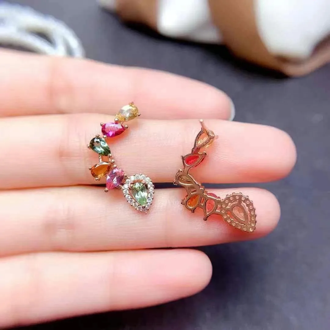 Women Fine Jewelry 3*5mm Pear Cut Tourmaline Pink Green Pave Zirconia Rose Gold Plating 925 Sterling Silver Danglers Earrings