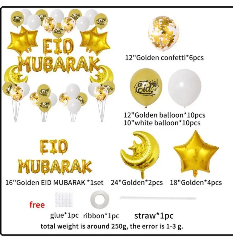 2022 Gold eid mubarak balloons set envolope eid mubarak foil latex balloons banner set eid mubarak ramadan decorations party