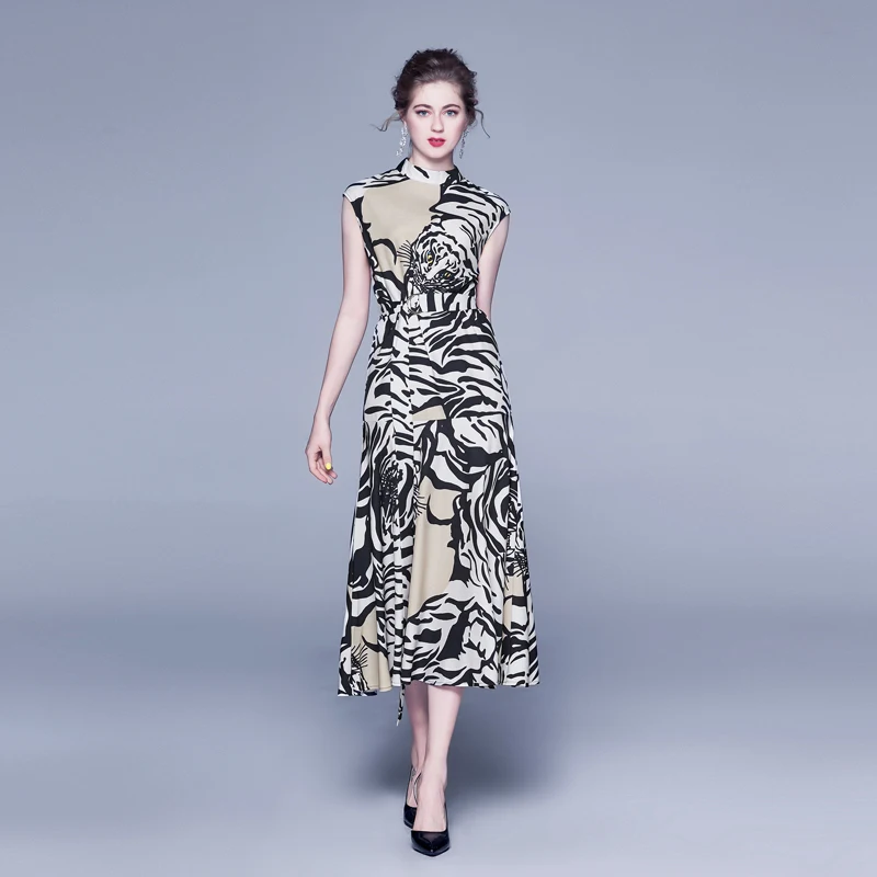 In Stock Western Style New Design Tiger Stripes Print Stand Neck Sleeveless Wholesale Clothes Ladies Fashion Long Summer Dresses