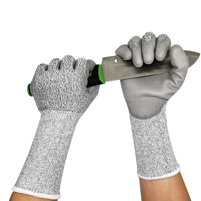 Extra Long HPPE Anti-Cut Gloves PU Palm Glue-Dipped Non-Slip Nylon Lined Construction Labor Protection Size XL Welding A5 EN388