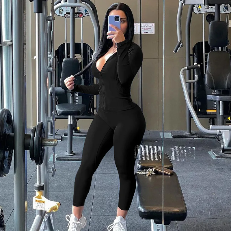Autumn 2024  New Fashion Casual Zipper Long Sleeve Top Slim Yoga Pants Set