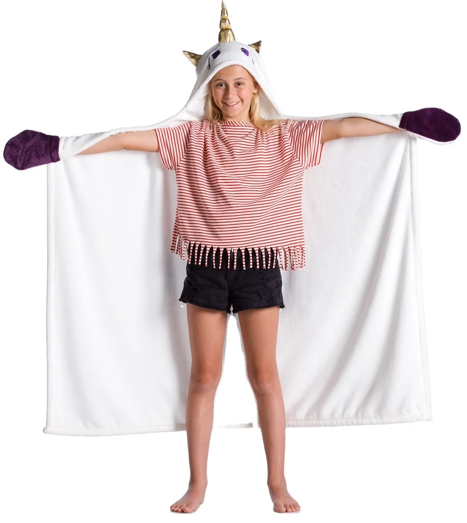 100% POLYESTER HIGH QUALITY COZY WEARABLE FLEECE UNICORN KIDS HOODED BLANKET PACKED GIFT BOX FOR WHOLESALE