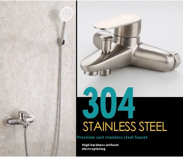 Factory Direct 304 Stainless Steel Triple Bathtub Shower Faucet Brushed Hot Cold Ceramic Mixing Valve Simple Shower Suit