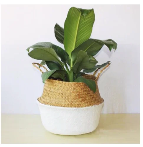 Bamboo Storage Baskets Foldable Laundry Straw Patchwork Wicker Rattan Seagrass Belly Garden Flower Pot Planter Handmade Basket