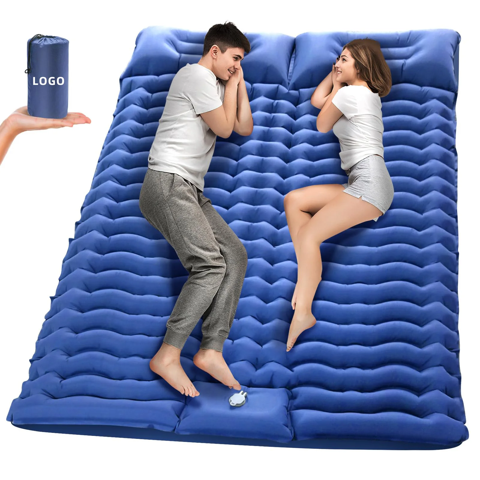 Built-in Foot Pump Inflatable Double Sleeping Pad Outdoor Waterproof Extra-Thick Camp Mattress 2 Person with Pillow