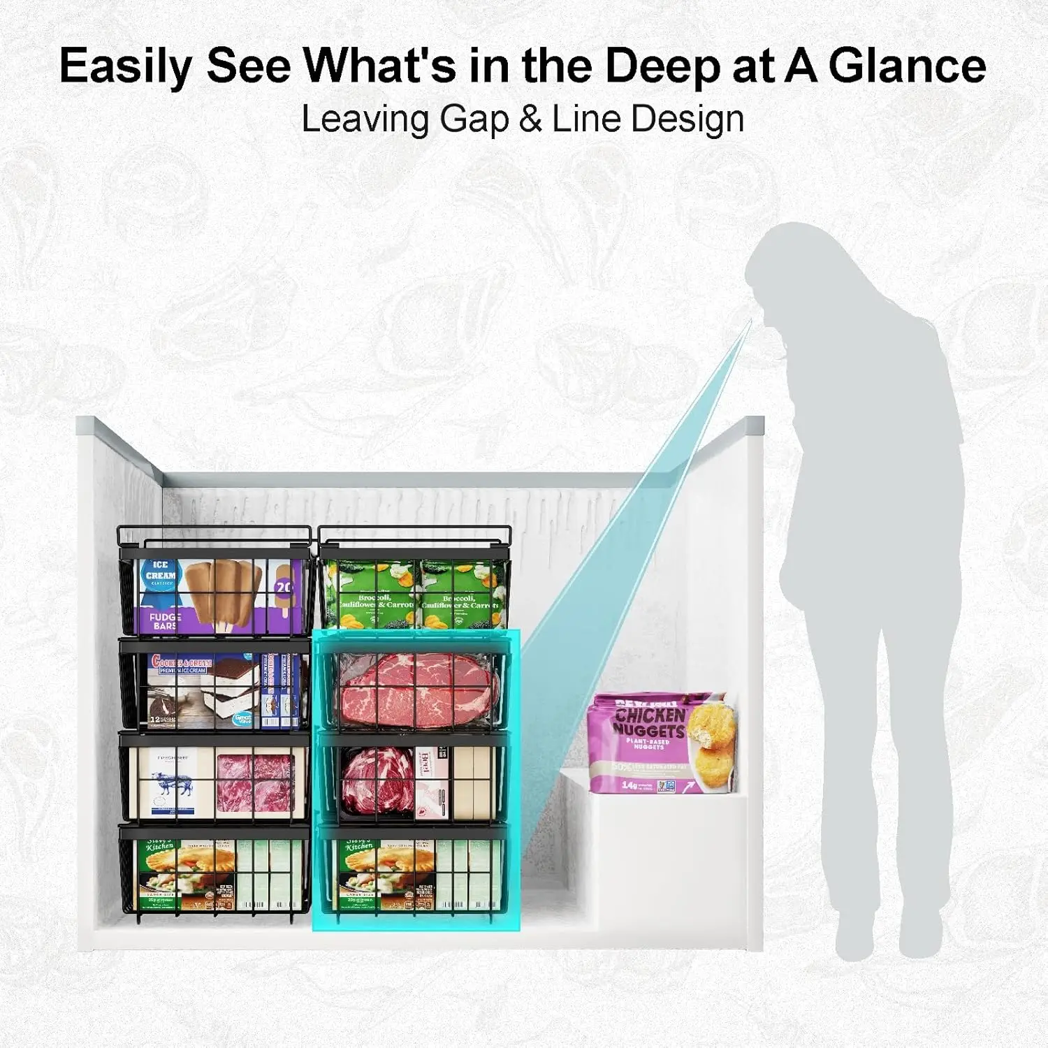 Large Expandable Stackable Deep Freezer Organizer Bins Sort and Easily Get Food with Handle
