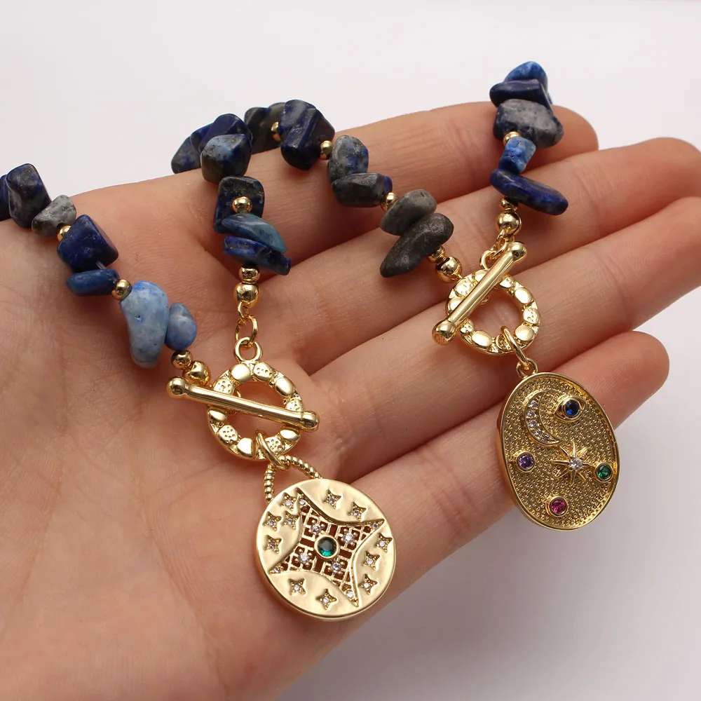 2022 Women Mens Natural Stone Necklace 18K Real Gold Plated Zircon Moon and Star Pendant Necklace Choker For Party Jewelry