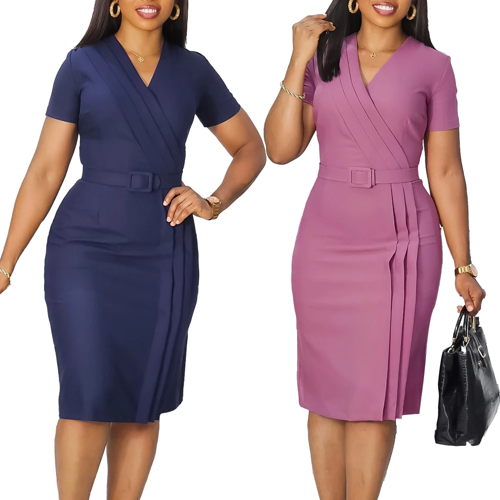 Classy Official Dresses for Ladies Elegant Bodycon Dress Short Sleeve Wrap V Neck Modest Fashion Belt Formal Church Dresses