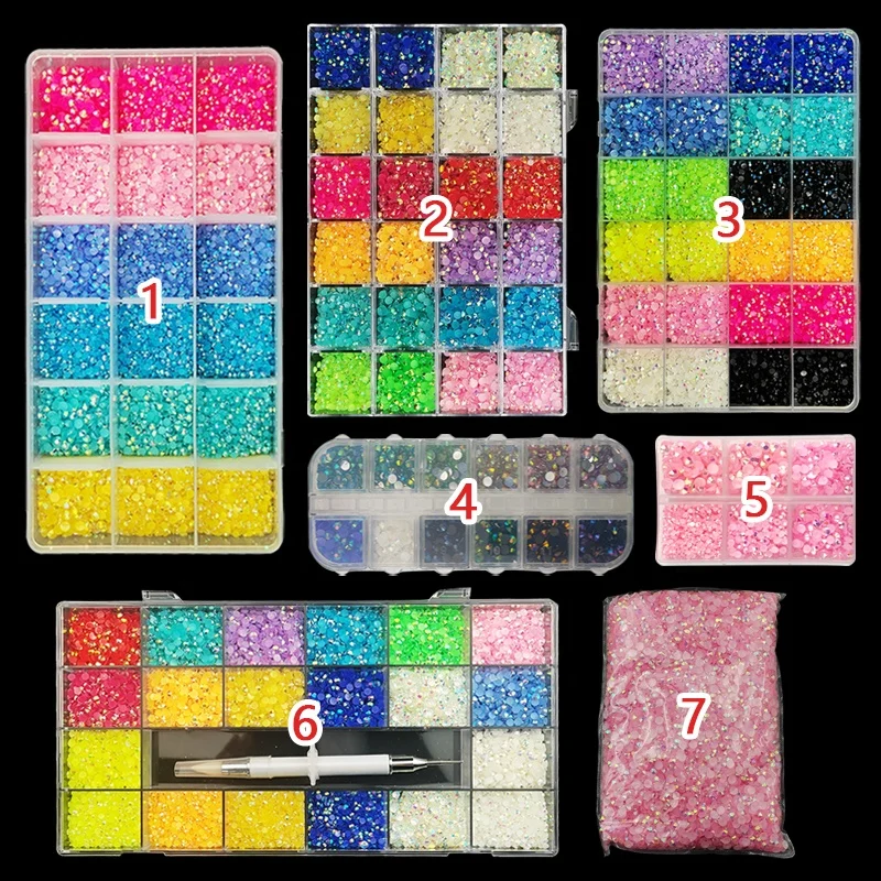 Wholesale 24 Cells Mixed Colors Jelly AB Candy Stone Boxes Resin Nail Rhinestones Flat Back Crystals for DIY Bags Art Crafts