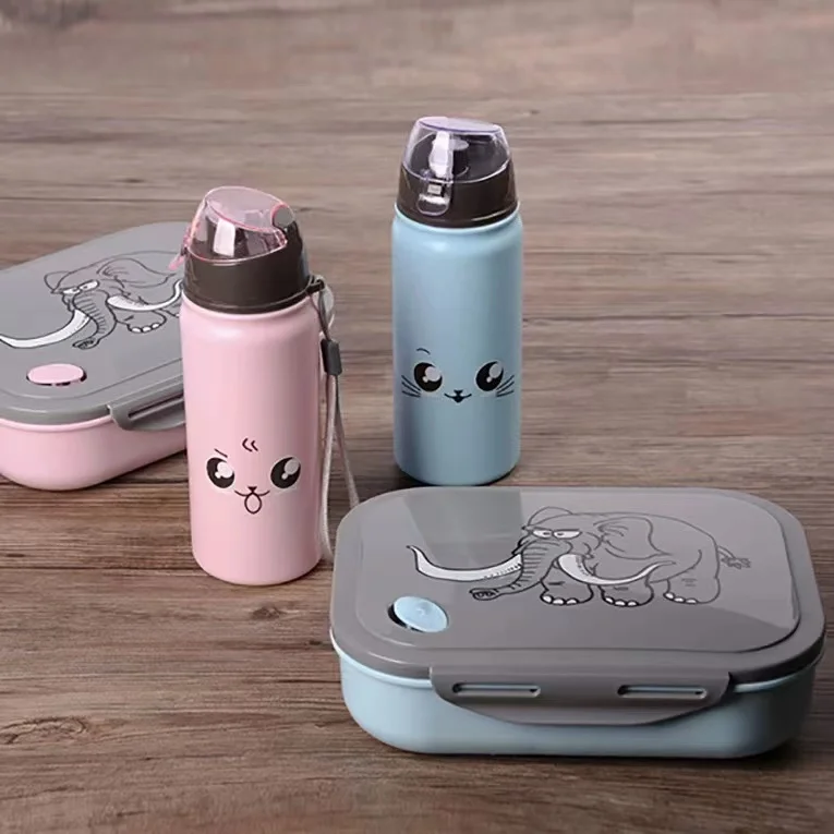 Kids Food-grade Plastic Lunch Box Sets with 400ml Bottle Leak-proof Microwave Bento Box Set for Student Lunch Box