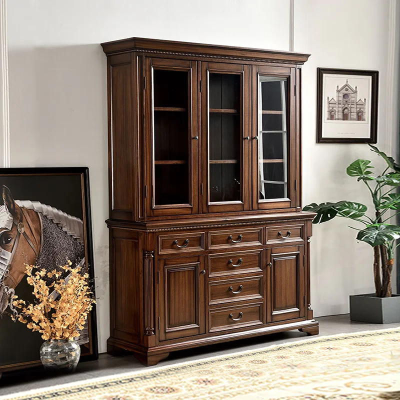 Hot sale buffet table for kitchen antique wooden Storage Cabinets with glass doors hotel dinning sideboard cabinet walnut color