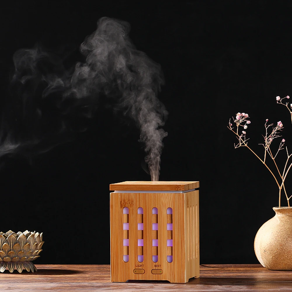 Square Shape Ultrasonic Aroma Diffuser Machine Real Bamboo Aromatherapy Essential Oil Diffuser