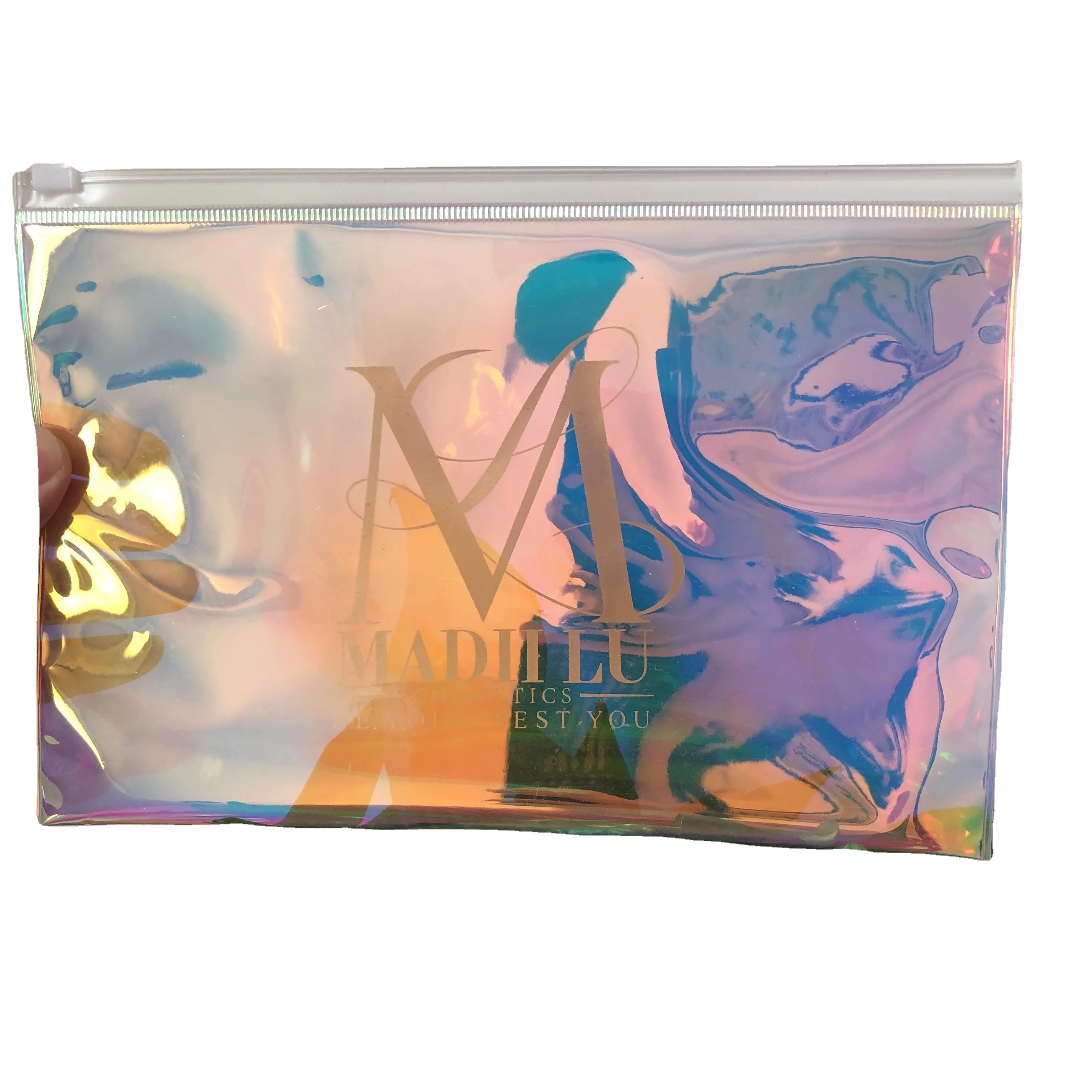 wholesale mini moq customized clear transparent pvc plastic custom holographic cosmetic bag