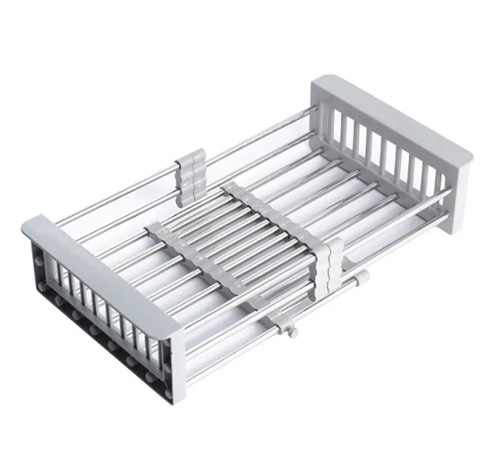 Retractable Grey Stainless Dish Drain Basket Dishes Drying Rack for Vegetables and Fruits