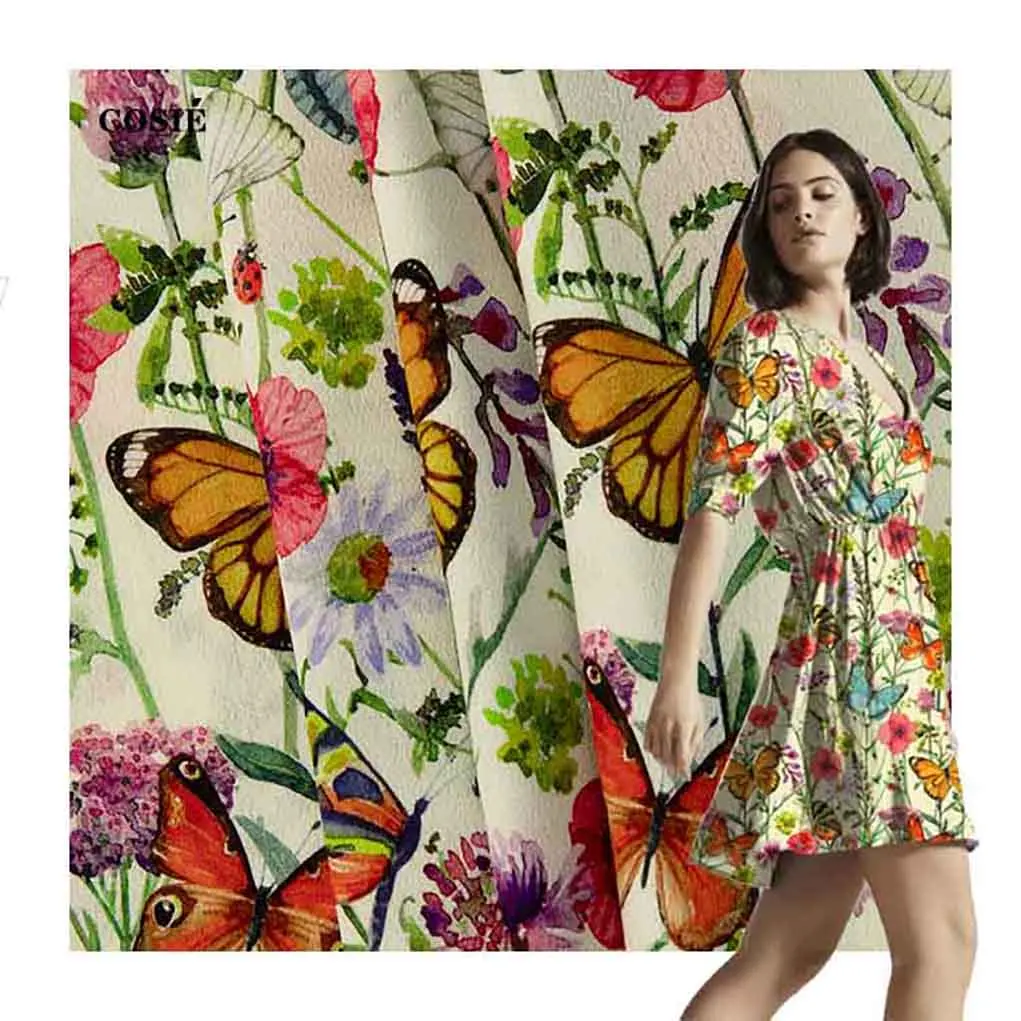 Digital Printed Botanical Watercolor Butterfly Pattern 55% Viscose 45% Rayon Challis Crepe Fabric for Women