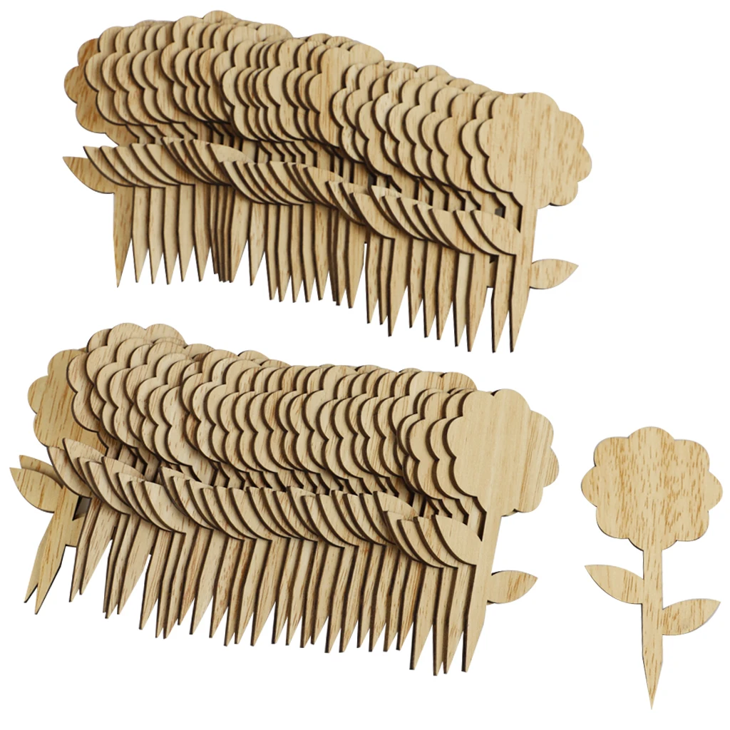 Whaline 60pcs Flower Type wooden Plant Labels with 1 Marker Pen Eco-Friendly Wooden Plant Sign Tag Wood Garden Marker Decorative
