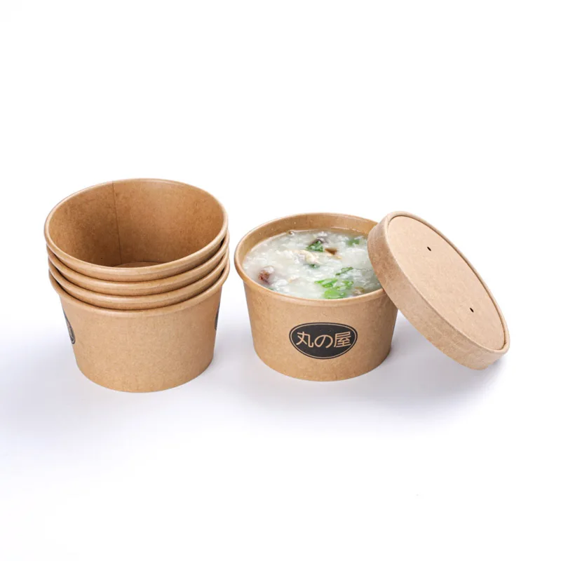 Одноразовый стакан для супа из крафт-бумаги, Салатница с бумажной крышкой, биоразлагаемый контейнер для еды в продаже