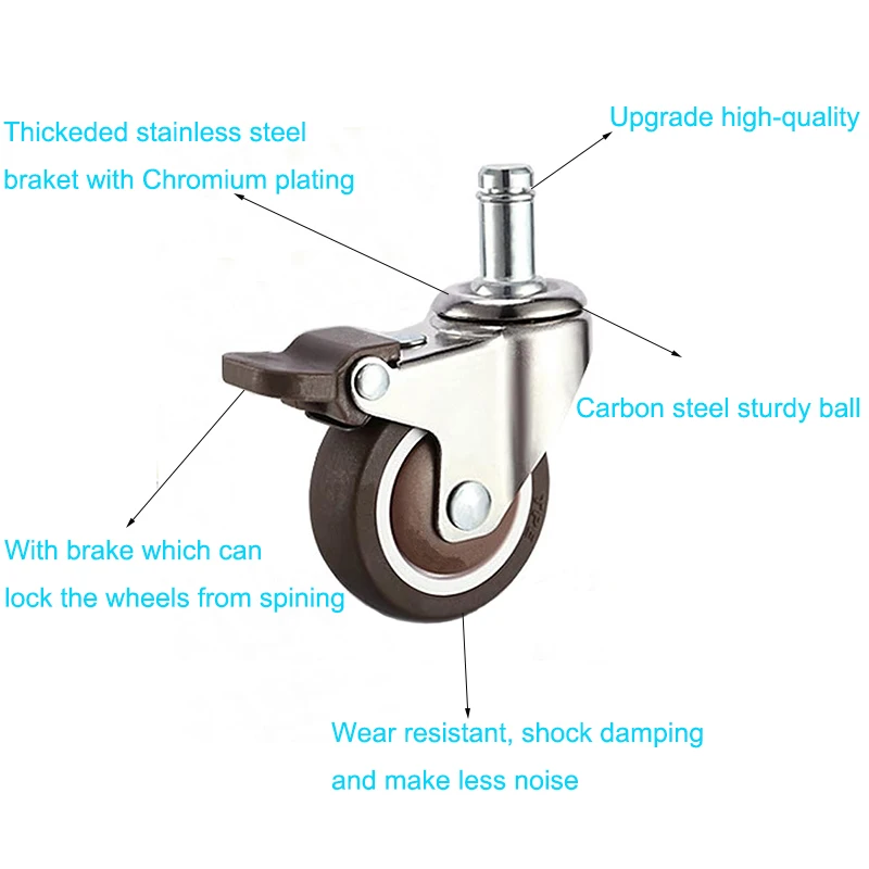 Soft Rubber TPE Furniture Caster Wheels Swivel Stem Casters 1/1.25/1.5/2 Inch Caster Wheel With Brake For Office Chair