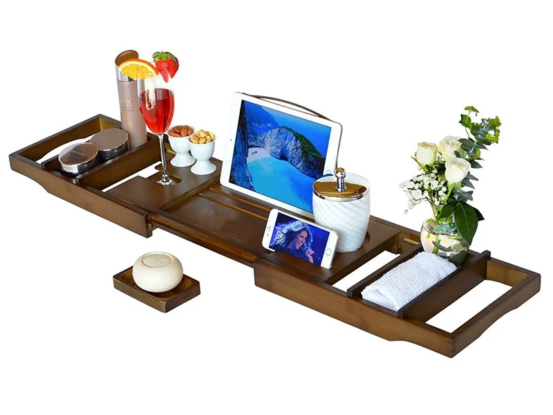 Luxury Extendable Bathtub Caddy Tray with Book and Wine Holder, Bamboo Wood Bathroom Organizer Bed Tray Free Soap Gray