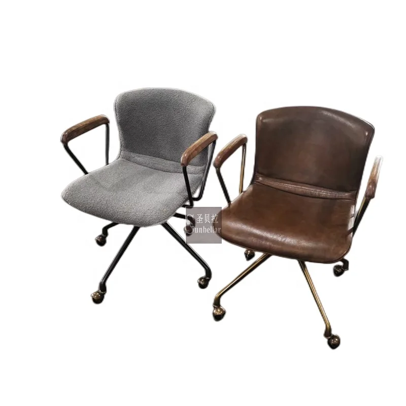 wholesale antique leather swivel reading chair vintage brown genuine leather armchair with wheels medium back home office chair