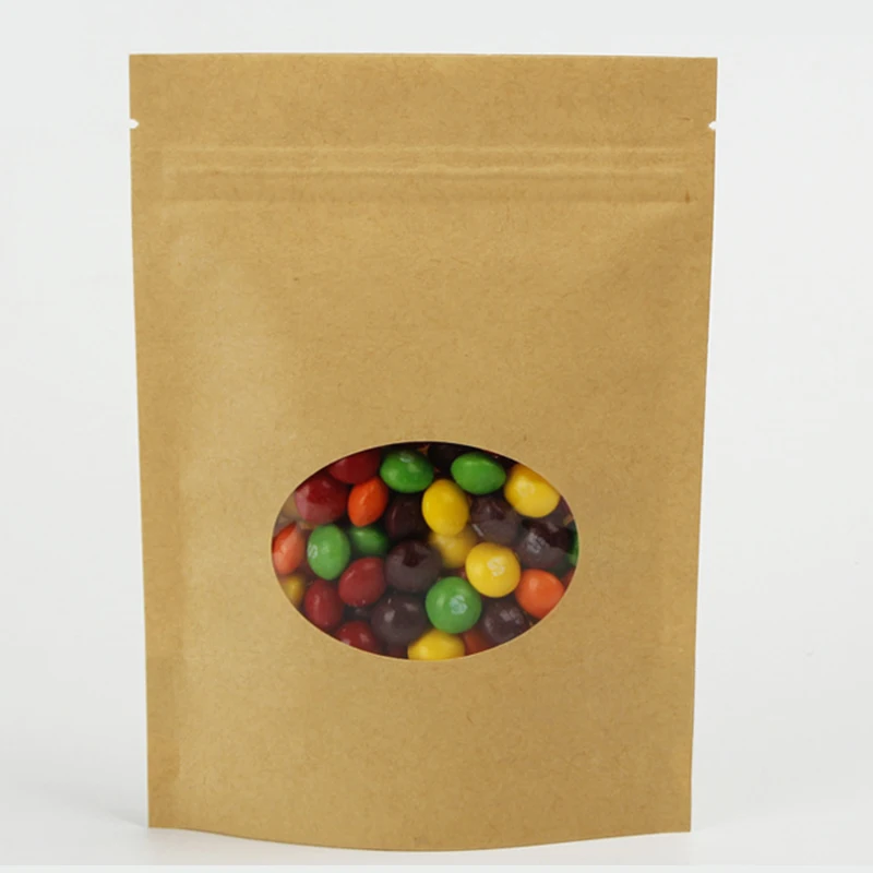 Пакеты из перерабатываемой крафт-бумаги с плоским дном, на застежке, бумажный пакет, пакетик для чая с листом, упаковочный пакет с окошком, 1 упаковка = 100 штук