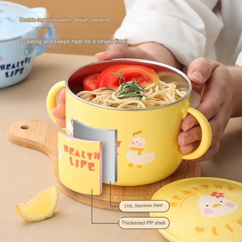 New Design  480ml/680ml Color Print Double Layer Unbreakable Stainless Steel Bowl Cartoon Eco-Friendly Metal Bowl Set