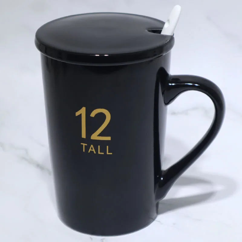
Black and White Number 12 Sign of Zodiac Couples Porcelain Mug with Lid and Spoon Set 