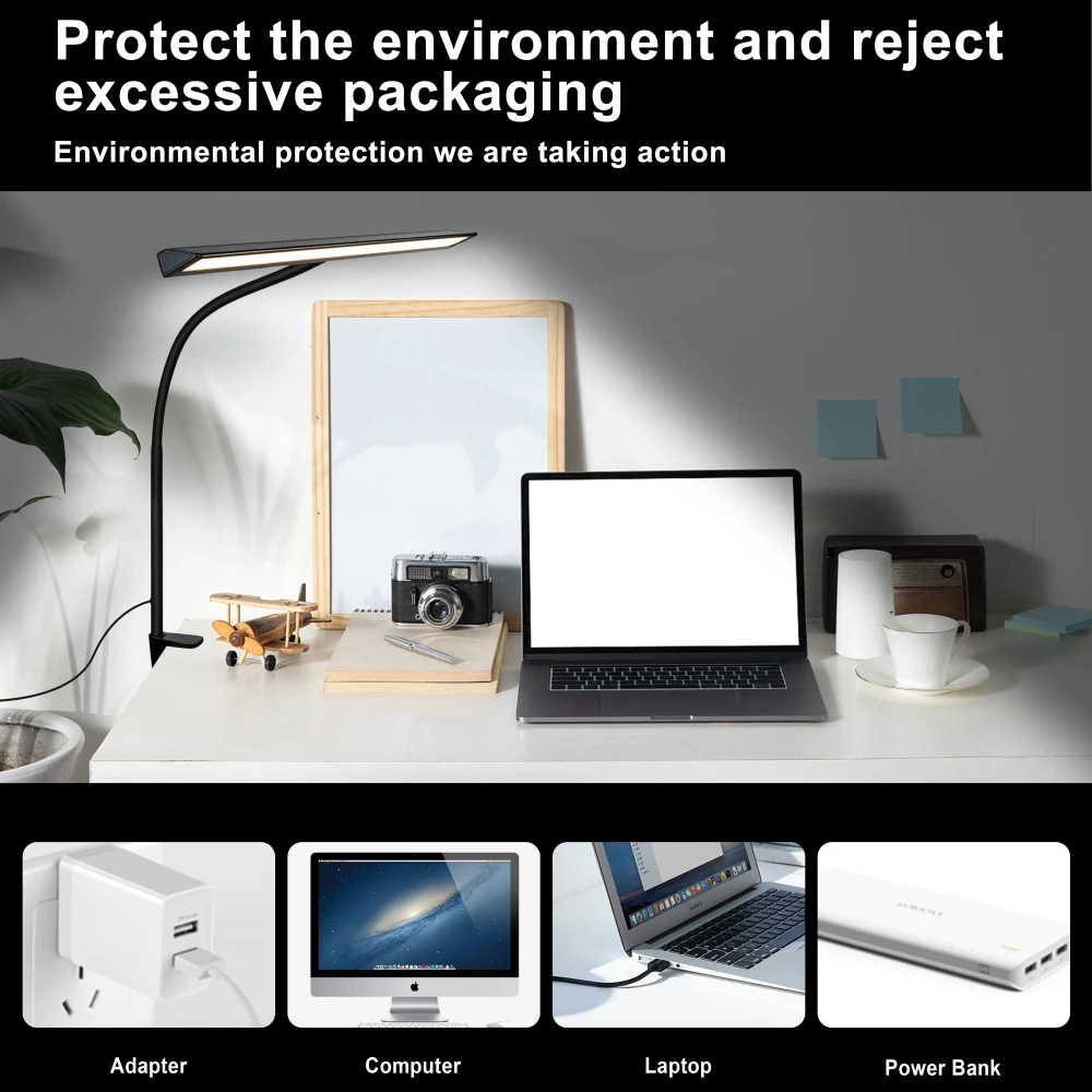 Single Head LED Reading Desk Lamp Dimmable Clip On USB Table Light 5 Lighting Modes Flexible For Office Study Table Lamp