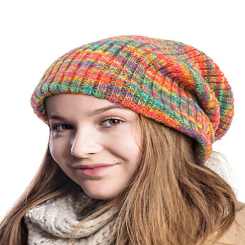 European And American Autumn And Winter Pile Hat Mixed Color Knitted Wool Hat Double Layer Fleece Warm Pullover Hat Couple Model