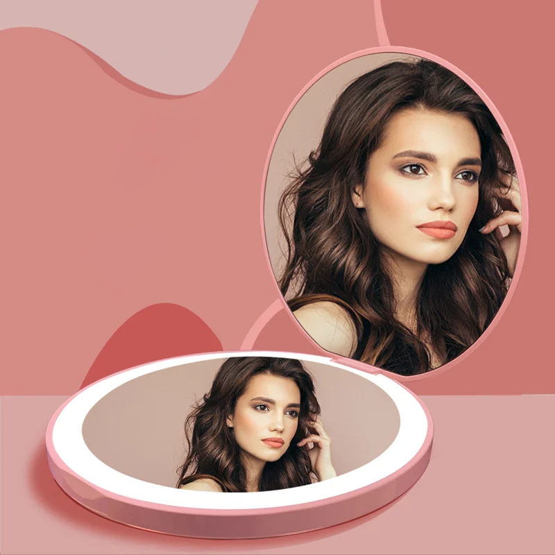 Custom Mini Portable Folding Travel Mirror 2x Magnification Two-sided Beauty Compact Makeup Mirror With Led Lights