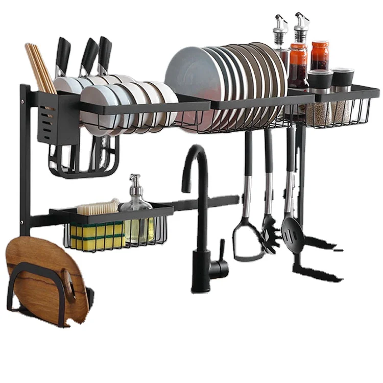 Standing type Black kitchen over sink dish drying rack 2-tier drainer restaurant dish drying rack