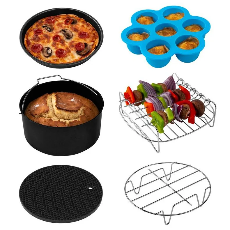 Air fryer accessory set 7 inch cake mold cake pan pizza tray steaming rack barbecue grill suitable for 3.2-5.8QT fryer