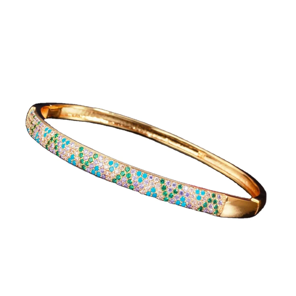 2024 Wholesale world best luxury colorful zirconia 18 k gold plated cuff bangle bracelet