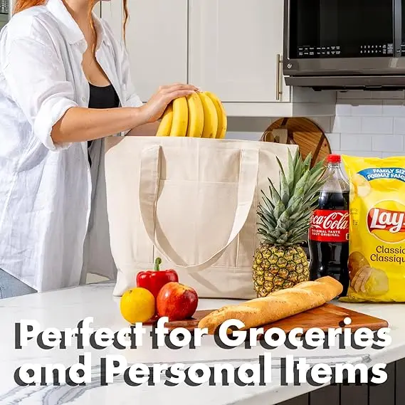 Cheap Shopping Reusable Top Zipper Heavy Duty Large Capacity 16oz Cotton Canvas Tote Bag With Pockets