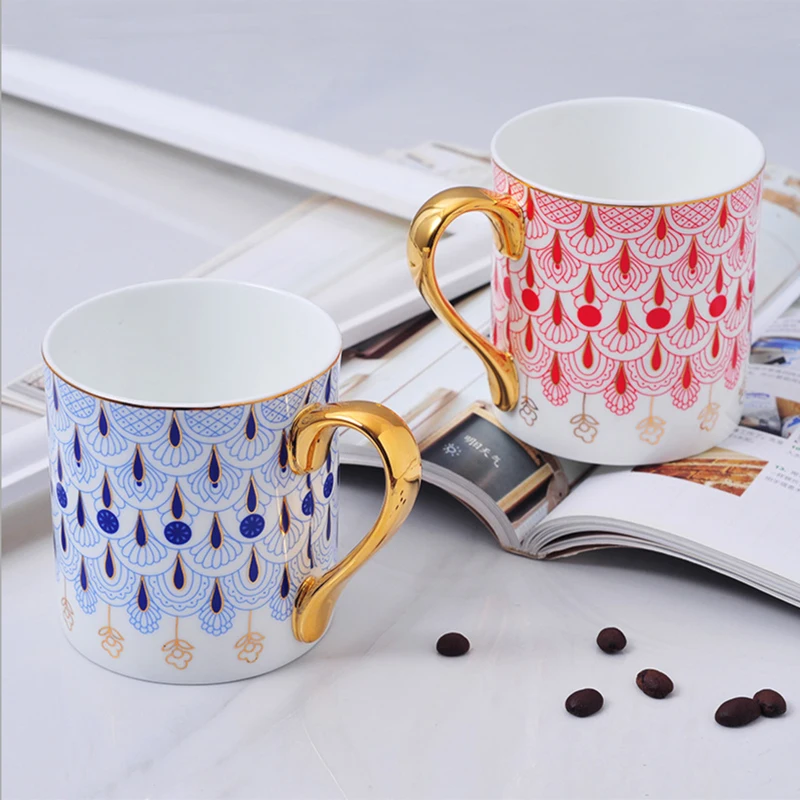 Wholesale 400ml Luxury High Temperature Red Blue Ceramic Coffee Mug With Gold Rim
