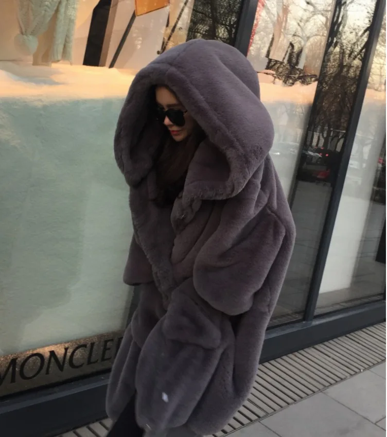 2022 New Arrival  Fashion Faux rabbit fur Long Over Sized Style Women hooded Coat