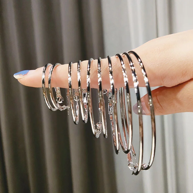 3-7cm 925 Silver Needle Large Hoop Earrings Fashion Ear Ring Exaggerate Circle Round Loop Earring for Women