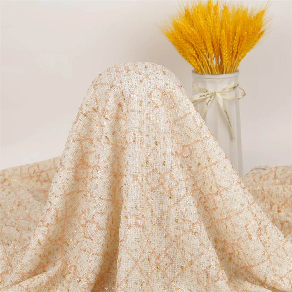 pink Small Fragrant Color Woven Tweed sequin embroidery Fabric Wholesale Woven 100%Polyester Tweed  Fabric for Winter Coat