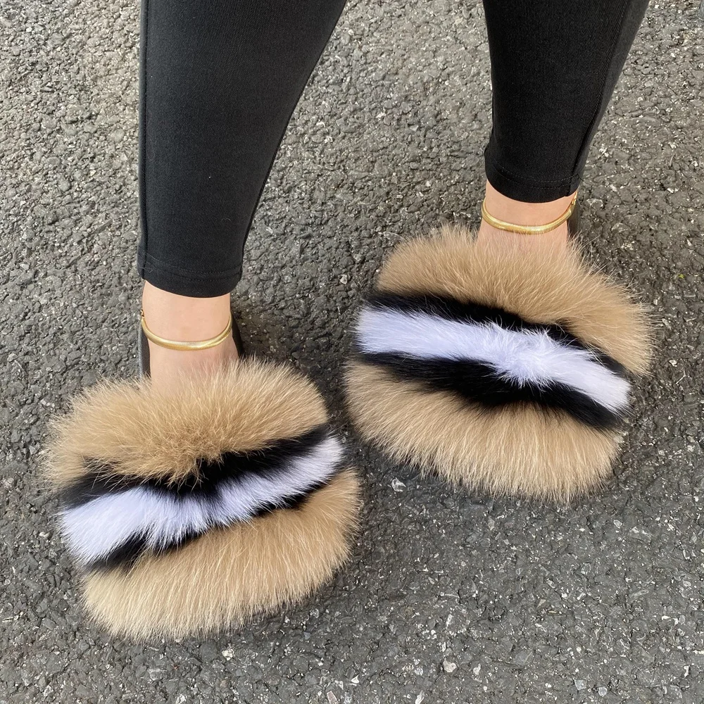 
Wholesale Custom Logo Outdoor ladies Slides Colorful 100% Fluffy Fox Fur Slipper For Women 