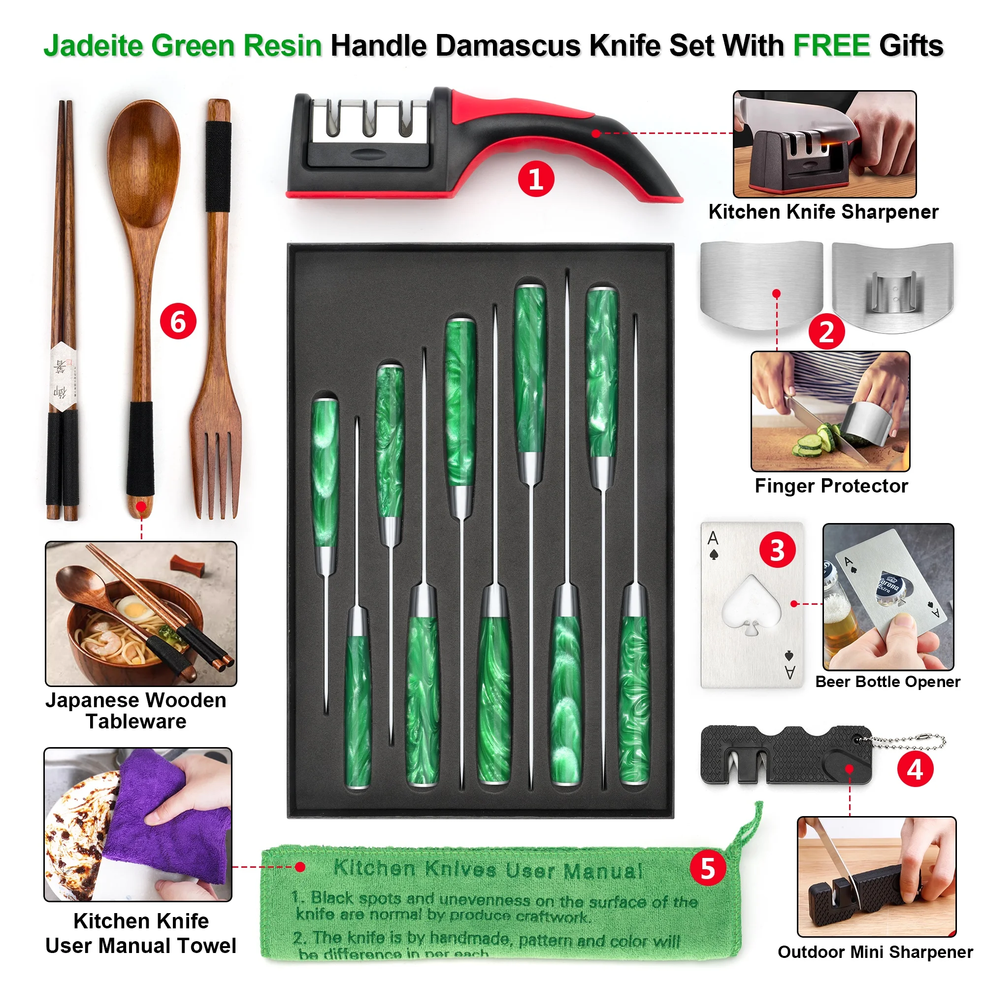 Jadeite Green Resin Handle 8 Inch 67 Layers VG10 Damascus Bread Slicer Japanese Custom Serrated Bread Knife With Gift Box