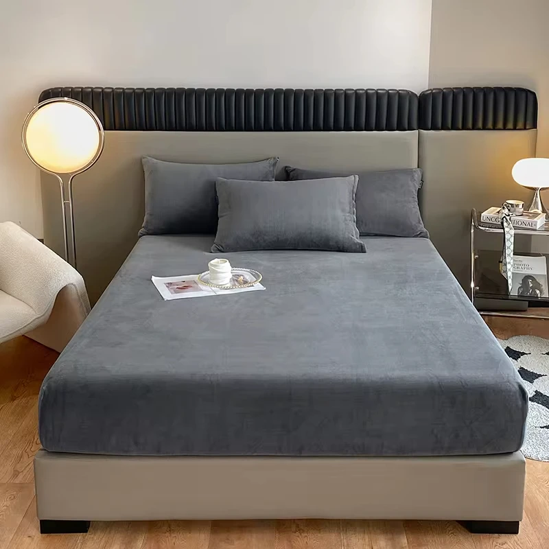 Velvet Fabric Fitted Sheet Soft Comfortable Elastic Bedspread Mattress Cover Bed Protector Winter Warm Flannel Fitsheet