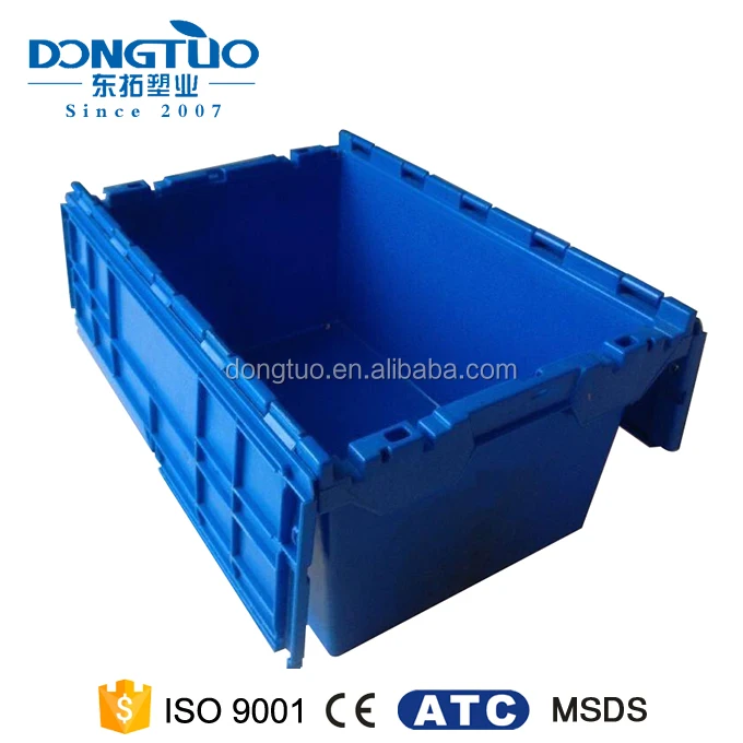 Large Storage Turnover Hinge attached lid Strong nestable stackable plastic Moving Tote Box for Supermarket