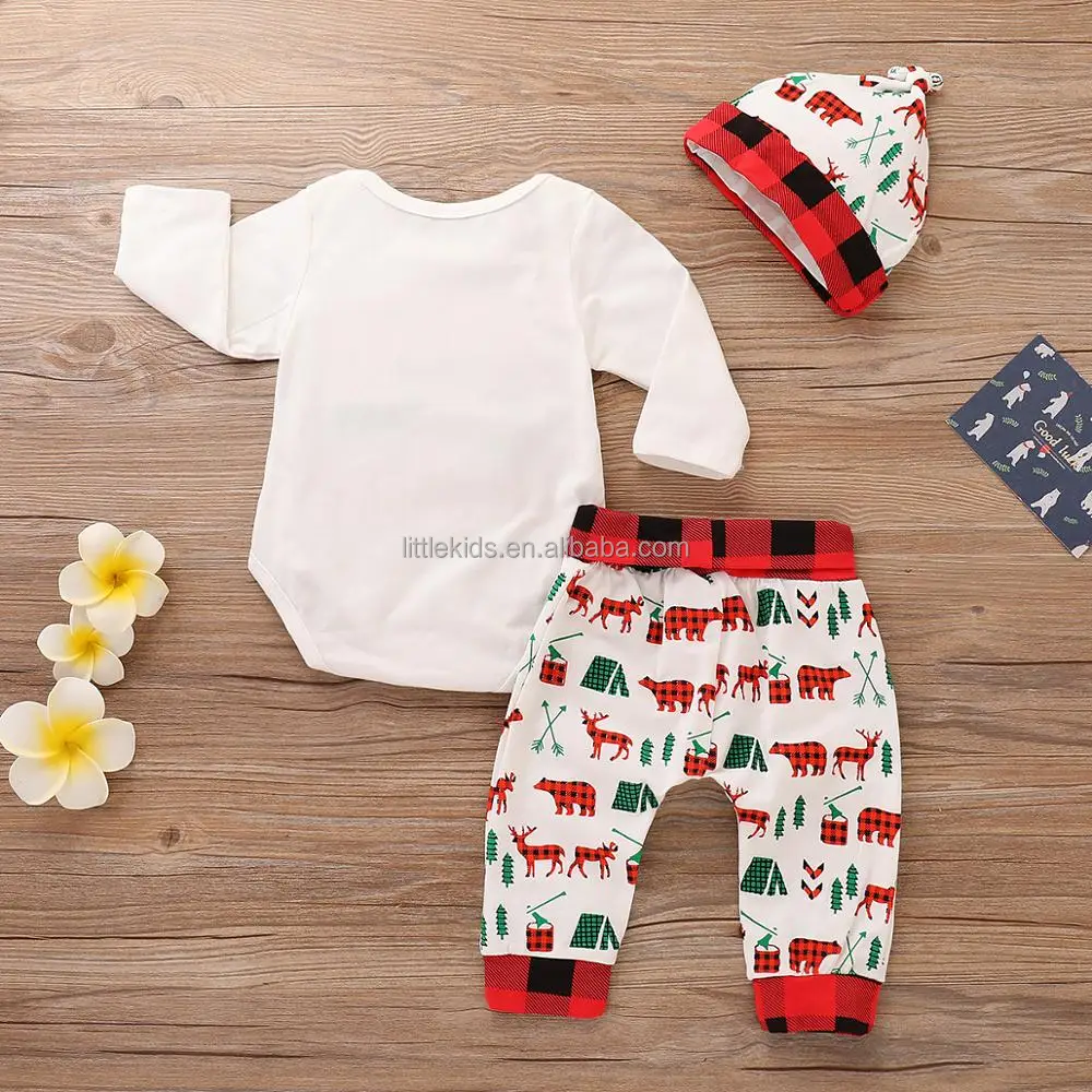 Newborn Baby Clothing Plaid 3 Pieces Set My First Christmas Cotton Baby Rompers Set