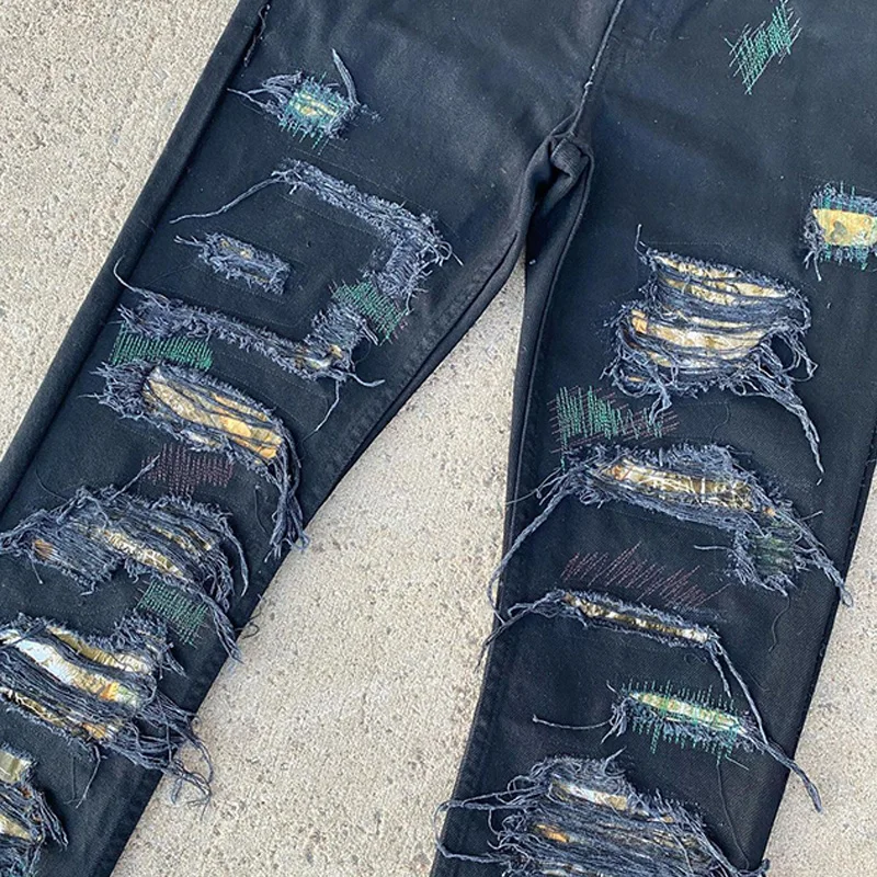 DiZNEW Custom Chicano Gothic Embroidery with Pockets Camouflage Cargo Jeans for Men Straight Streetwear Baggy Denim Pants