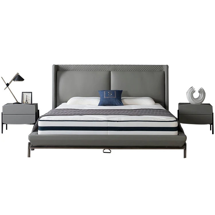 5 star hotel high end light gray king platform leather bed base with headboard