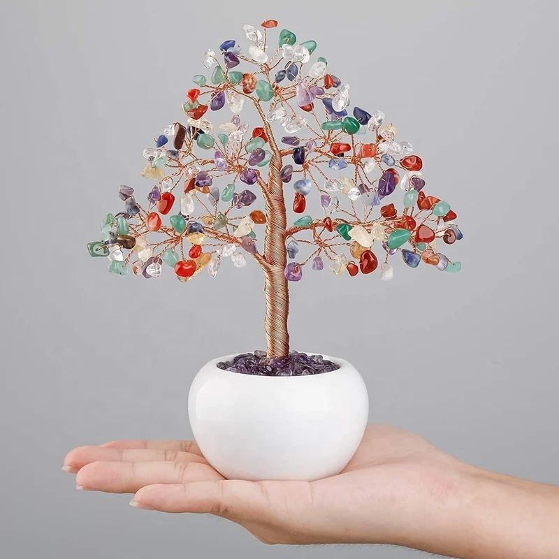 2024 MK High Quality Modern Rose Gold Seven Stones White Ceramic Round Bowl Base Small Tree Decorative Crystal Crafts