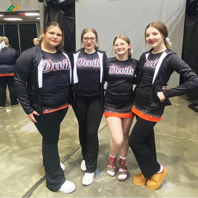 Custom Sexy Multicolor Rhinestone Cheer Uniforms Tops And Skirt Sublimated Printing Cheerleader Uniforms For Women