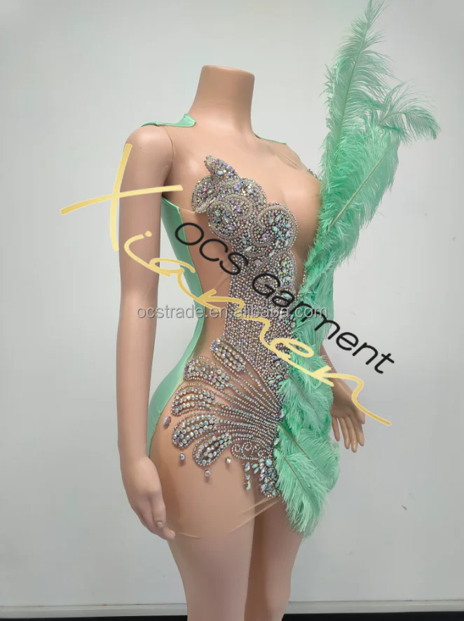 Ocstrade Summer Rhinestone Long Ostrich Feather Bridesmaid Dresses Mint Green Glitter Club Party Dress Performance Wear Ballroom